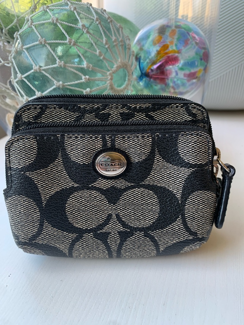 Coach Black and Cream Signature Canvas Mini wallet